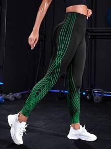 Yoga Trendy Digi Pattern Running Leggings Seamless Tummy Control Training Tights - Black - View 1