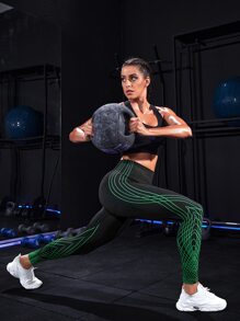 Yoga Trendy Digi Pattern Running Leggings Seamless Tummy Control Training Tights - Black - View 2