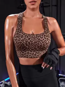 Powerista Leopard Print Racer Back Sports Bra - Coffee Brown - View 4