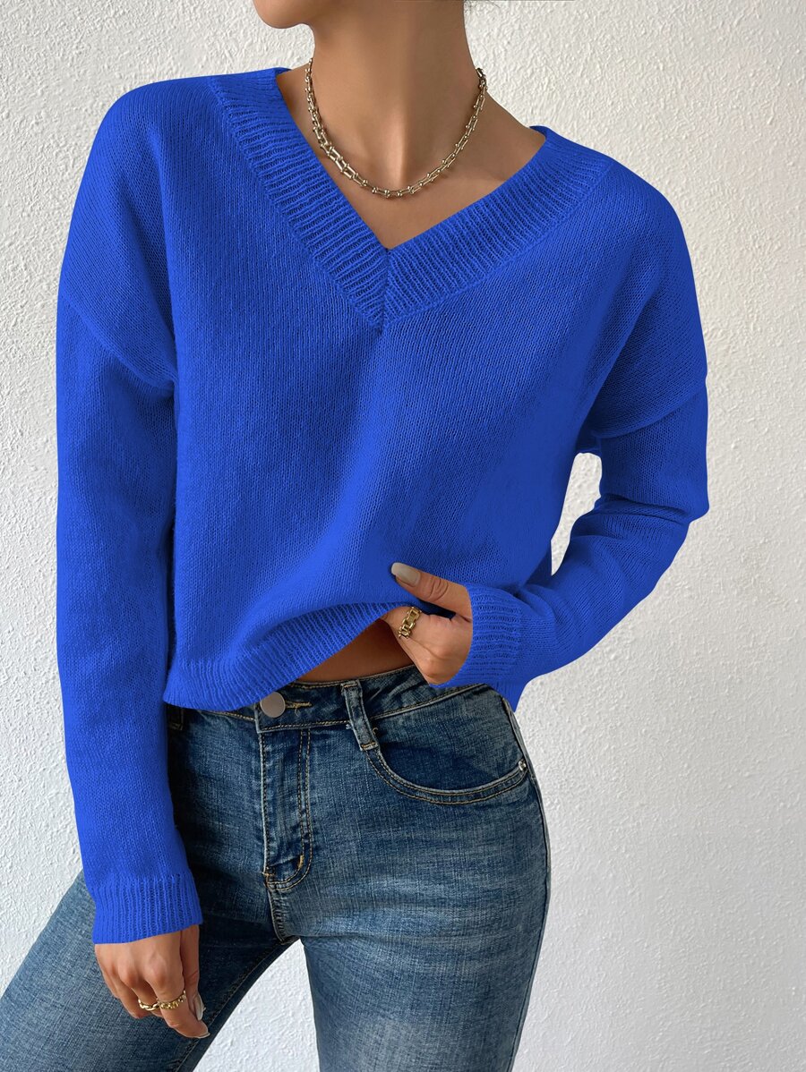 SHEIN Privé V Neck Drop Shoulder Jumper - Royal Blue - View 1