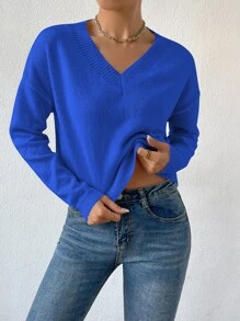 SHEIN Privé V Neck Drop Shoulder Jumper - Royal Blue - View 3