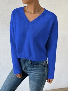 SHEIN Privé V Neck Drop Shoulder Jumper - Royal Blue - View 4