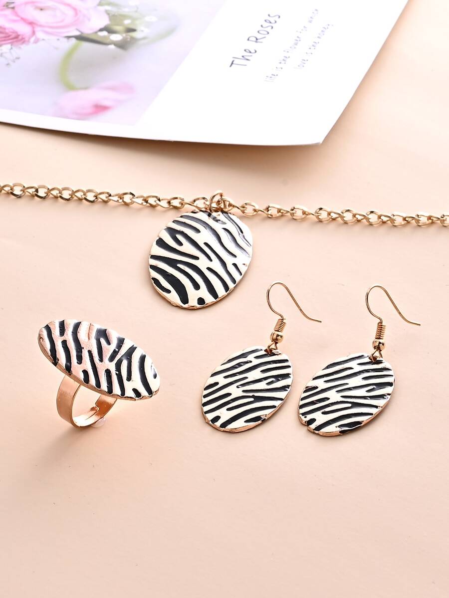 4pcs Zebra Striped Pattern Oval Decor Jewelry Set - Multicolor - View 1
