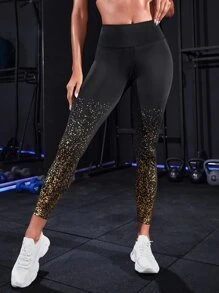 Yoga Trendy 圖案印花寬腰帶運動打底褲 - 黑色 - 查看 4