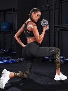 Yoga Trendy 圖案印花寬腰帶運動打底褲 - 黑色 - 查看 5