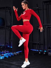Easithlete 2pcs Seamless Mono Fitness Set Gym Suit Raglan Sleeve Tee & Tummy Control Leggings - Red - View 3