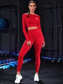 Easithlete 2pcs Seamless Mono Fitness Set Gym Suit Raglan Sleeve Tee & Tummy Control Leggings - Red - View 5