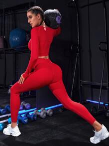 Easithlete 2pcs Seamless Mono Fitness Set Gym Suit Raglan Sleeve Tee & Tummy Control Leggings - Red - View 6