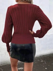 SHEIN Privé Ribbed Knit Lantern Sleeve Jumper - Burgundy - View 2