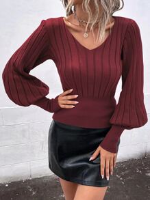 SHEIN Privé Ribbed Knit Lantern Sleeve Jumper - Burgundy - View 3