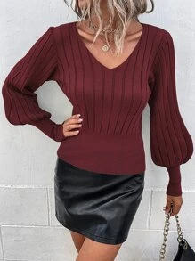 SHEIN Privé Ribbed Knit Lantern Sleeve Jumper - Burgundy - View 5