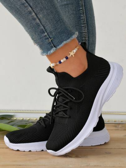 Women's Black Knitted Road Running Shoes With Minimalist Lace Decoration Must For Yoga