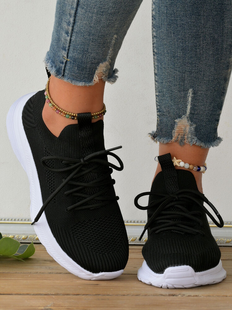 女士黑色针织路跑鞋，配简约鞋带装饰，瑜伽必备 - 黑色 - 查看 5