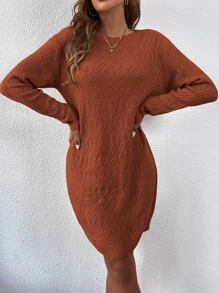 SHEIN Privé Solid Round Neck Jumper Dress Without Belt - Burnt Orange - View 3