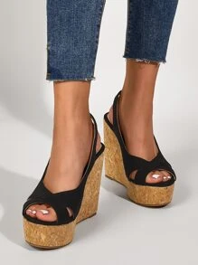 Elegant Black Court Wedge Shoes Women Faux Suede Peep Toe Slingback Wedge Shoes - Black - View 3