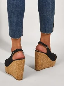 Elegant Black Court Wedge Shoes Women Faux Suede Peep Toe Slingback Wedge Shoes - Black - View 4