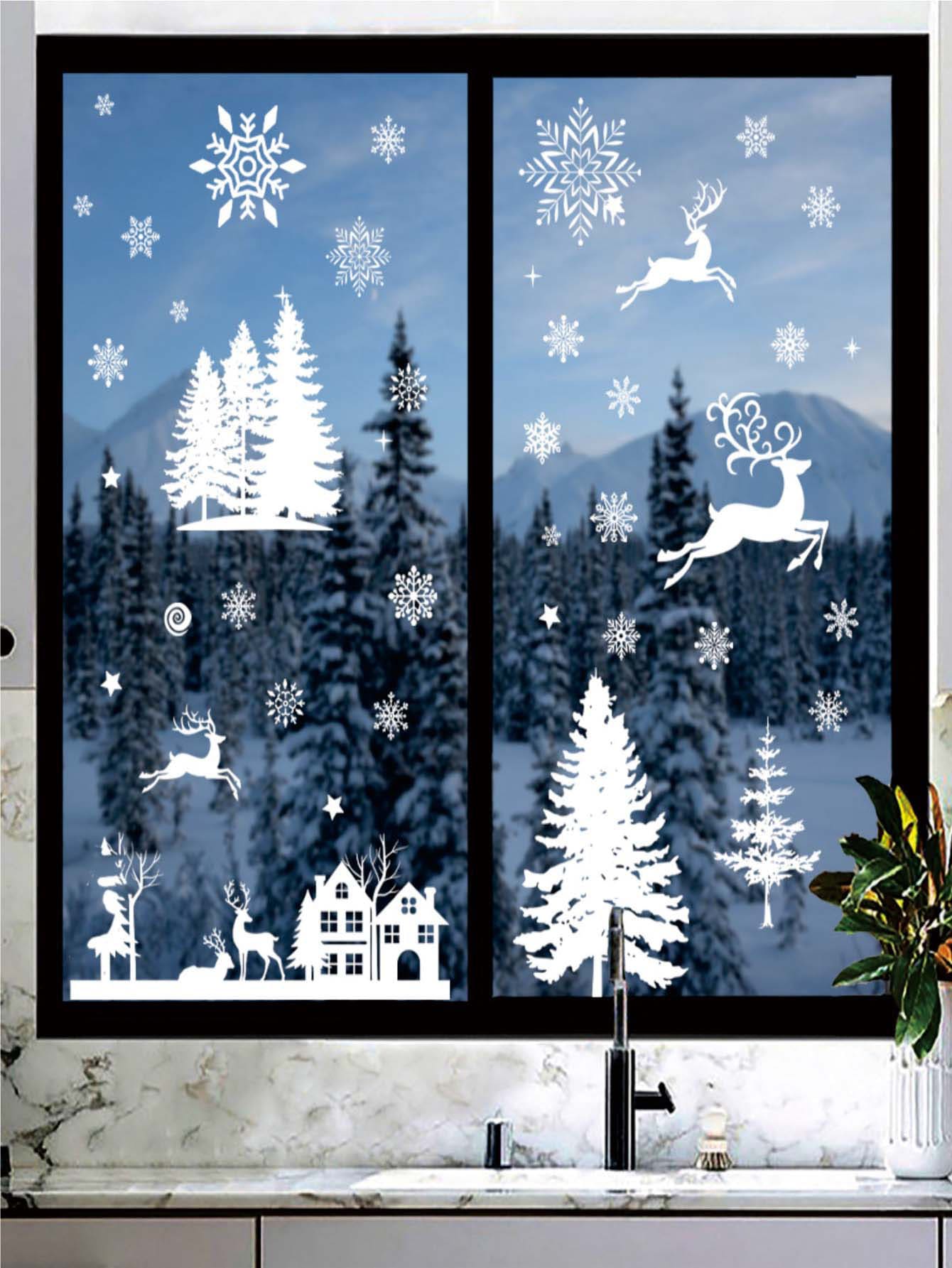 8入組聖誕樹,雪屋,玻璃貼花,靜電雪花窗貼 - 彩色 - 查看 1