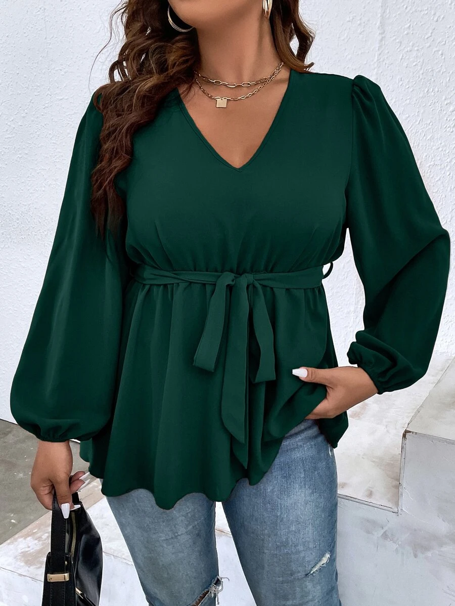 Flirla Plus Lantern Sleeve Peplum Belted Blouse - Dark Green - View 1
