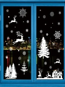 8入組聖誕樹,雪屋,玻璃貼花,靜電雪花窗貼 - 彩色 - 查看 2