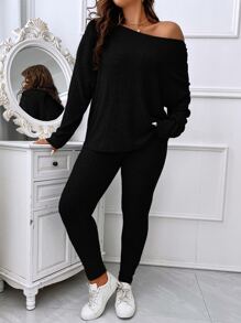 Calvaya Plus Drop Shoulder Tee & Leggings - Black - View 1