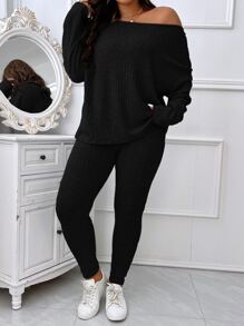 Calvaya Plus Drop Shoulder Tee & Leggings - Black - View 3