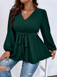 Flirla Plus Lantern Sleeve Peplum Belted Blouse - Dark Green - View 4