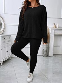 Calvaya Plus Drop Shoulder Tee & Leggings - Black - View 4