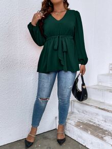 Flirla Plus Lantern Sleeve Peplum Belted Blouse - Dark Green - View 5