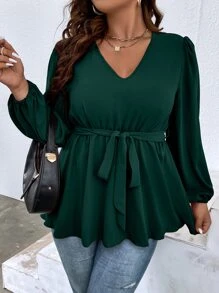 Flirla Plus Lantern Sleeve Peplum Belted Blouse - Dark Green - View 6