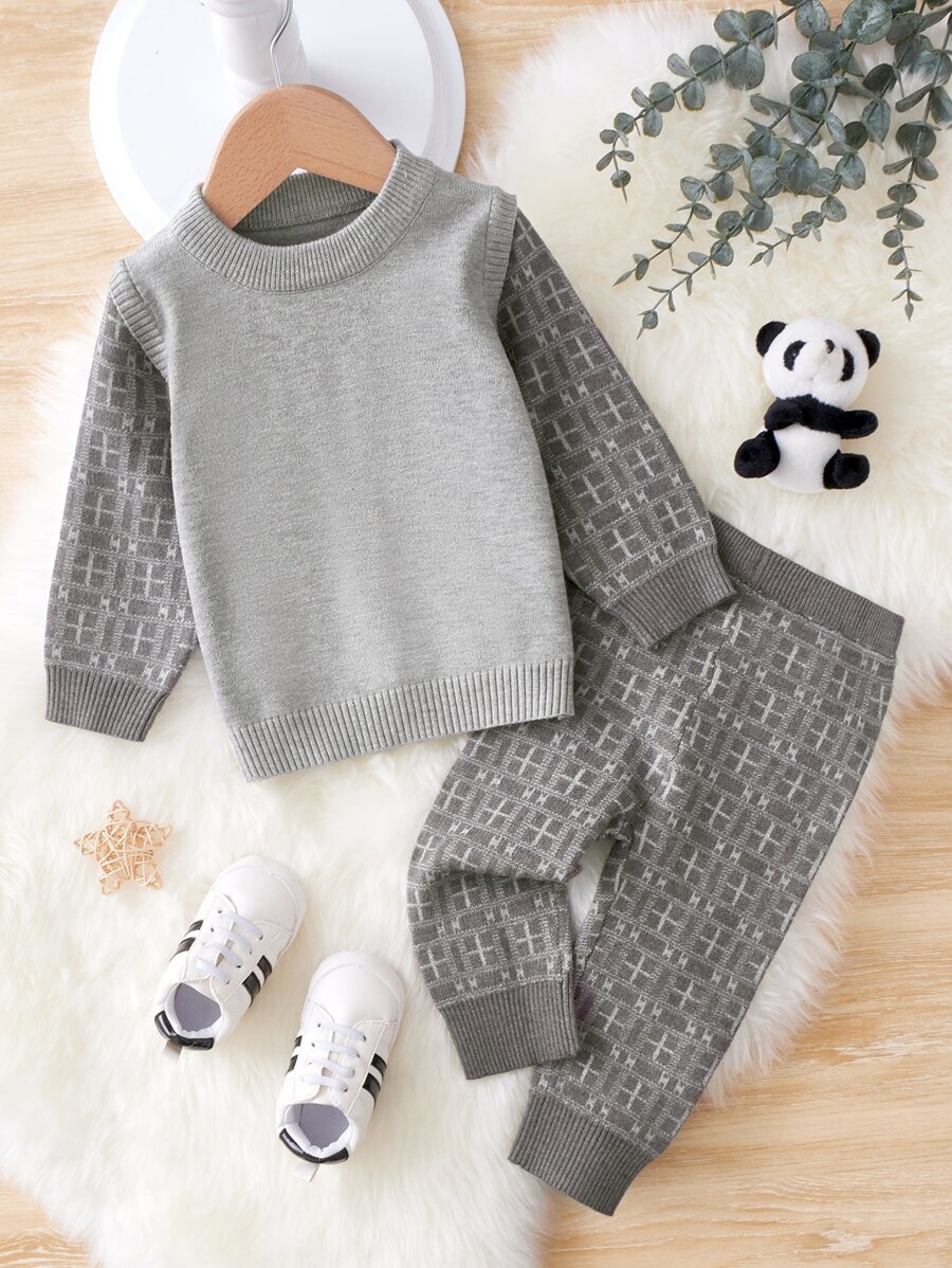 男嬰幾何圖案二合一套頭毛衣和針織褲 - 灰色 - 查看 1