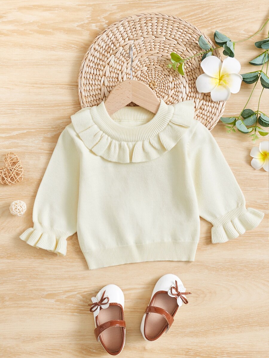 Bebé Jersey ribete con fruncido de manga con volante - Beis - Ver 1