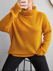 Calvaya Plus Solid Turtleneck Drop Shoulder Jumper - Yellow - View 1