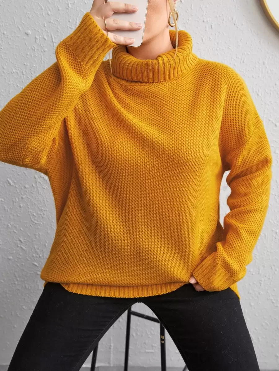Calvaya Plus Solid Turtleneck Drop Shoulder Jumper - Yellow - View 1