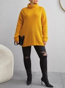 Calvaya Plus Solid Turtleneck Drop Shoulder Jumper - Yellow - View 3