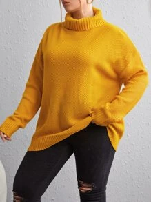 Calvaya Plus Solid Turtleneck Drop Shoulder Jumper - Yellow - View 4
