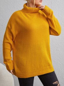 Calvaya Plus Solid Turtleneck Drop Shoulder Jumper - Yellow - View 5
