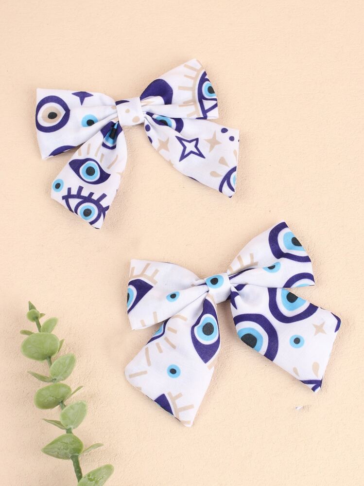 2pcs Girls Evil Eye Print Bow Decor Hair Clip - Multicolor - View 1