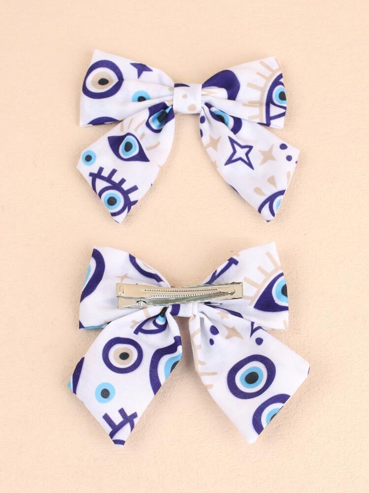 2pcs Girls Evil Eye Print Bow Decor Hair Clip - Multicolor - View 2