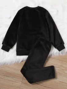 Girls Heart And Rainbow Embroidery Teddy Pullover With Trousers - Black - View 2