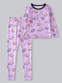 Toddler Girls Cartoon Graphic Contrast Binding Snug Fit PJ Set - Lilac Purple - View 1