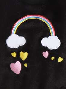 Girls Heart And Rainbow Embroidery Teddy Pullover With Trousers - Black - View 4