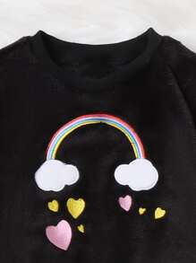 Girls Heart And Rainbow Embroidery Teddy Pullover With Trousers - Black - View 3