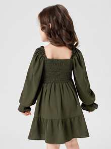 Đầm bé gái Xù Viên lá sen Dải chun màu trơn Dễ thương - xanh quân đội - Xem 2