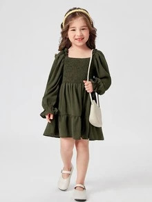 Đầm bé gái Xù Viên lá sen Dải chun màu trơn Dễ thương - xanh quân đội - Xem 3