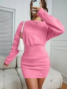 SHEIN EZwear 素色褶邊落肩袖衛衣連衣裙 - 粉色 - 查看 1