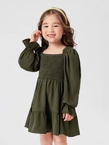 Đầm bé gái Xù Viên lá sen Dải chun màu trơn Dễ thương - xanh quân đội - Xem 4