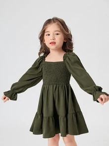 Đầm bé gái Xù Viên lá sen Dải chun màu trơn Dễ thương - xanh quân đội - Xem 5