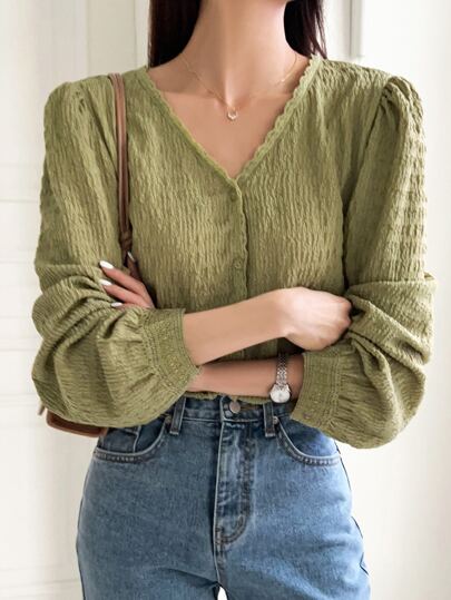 DAZY V-Neck Puff Sleeve Solid Blouse,Fall Clothes Long Sleeve Top