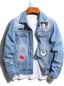 Manfinity 男士圖案貼布細節牛仔夾克不帶T恤 - 淺色水洗藍 - 查看 1