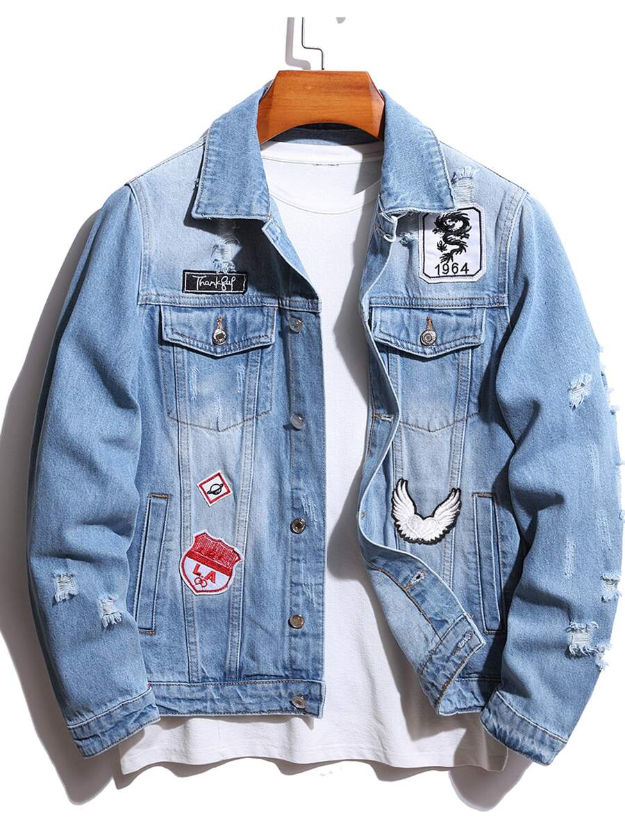 Manfinity 男士圖案貼布細節牛仔夾克不帶T恤 - 淺色水洗藍 - 查看 1